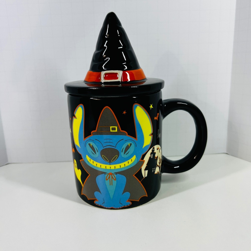 Disney Stitch Halloween Witch Hat Lid 18oz Ceramic Coffee Mug Black Orange